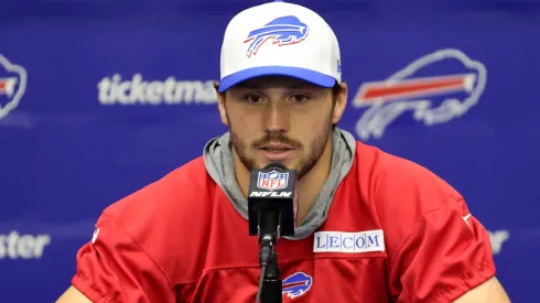 Josh Allen #17 of the Buffalo Bills speaks with media after Buffalo Bills mandatory mini camp on June 11, 2024 in Orchard Park, New York.