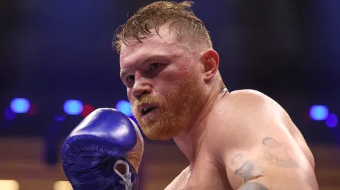 : Saul "Canelo" Alvarez and William Scull (L-R) on the Fatal Fury City of Wolves card at ANB Arena on May 03, 2025 in Riyadh, Saudi Arabia.