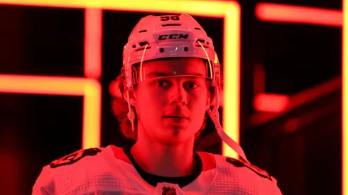 Connor Bedard #98 of the Chicago Blackhawks makes his way to the locker room after warmups before the game against the Seattle Kraken at Climate Pledge Arena on December 14, 2023 in Seattle, Washington.