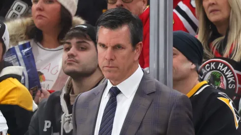 Head coach Mike Sullivan of the Pittsburgh Penguins looks on against the Chicago Blackhawks during the second period at the United Center on February 15, 2024 in Chicago, Illinois.