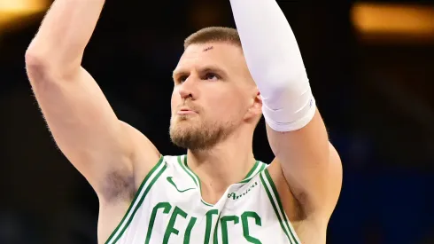 Kristaps Porzingis #8 of the Boston Celtics shoots a free throw in the first half of game 4 of the first round of the 2025 NBA Playoffs against the Orlando Magic