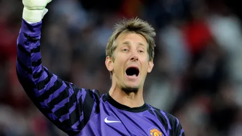 Edwin van der Sar of Manchester United celebrates after his team's second goal during the UEFA Champions League Semi Final second leg match between Manchester United and Schalke