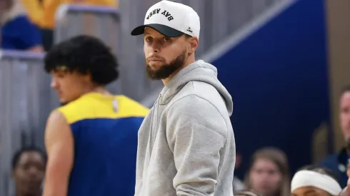 Stephen Curry #30 of the Golden State Warriors looks on from the bench during the first quarter against the Minnesota Timberwolves in Game Three of the Western Conference Second Round NBA Playoffs at Chase Center on May 10, 2025 in San Francisco, California.