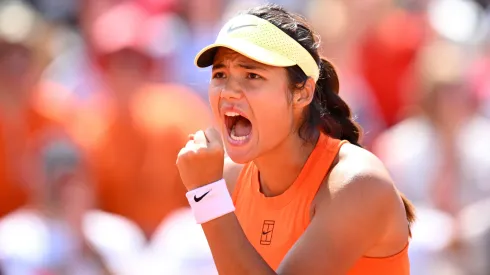Emma Raducanu celebrates during her Round of 32 match at the Italian Open