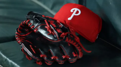 A detailed view of the hat and glove of Bryson Stott #5 of the Philadelphia Phillies in the seventh inning against the Atlanta Braves at Truist Park on April 08, 2025 in Atlanta, Georgia.