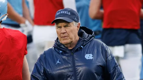 Head coach Bill Belichick of the North Carolina Tar Heels coaches during North Carolina's "Practice Like A Pro" Spring Football Event at Kenan Stadium on April 12, 2025 in Chapel Hill, North Carolina.