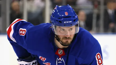 J.T. Miller #8 of the New York Rangers skates against the Boston Bruins at Madison Square Garden on February 05, 2025 in New York City. The Rangers defeated the Bruins 3-2.