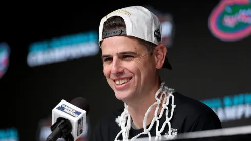 Head Coach Todd Golden of the Florida Gators speaks with the media after defeating the Houston Cougars in the National Championship of the NCAA Men's Basketball Tournament at the Alamodome on April 07, 2025 in San Antonio, Texas.