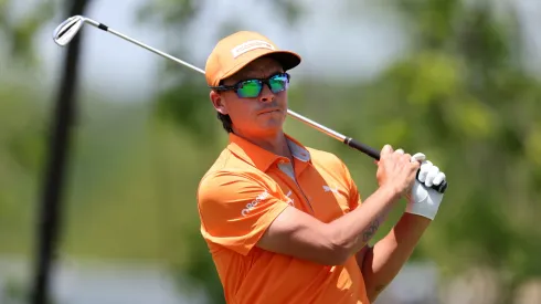 Rickie Fowler of the United States plays his shot from the first tee during the final round of the Truist Championship 2025 at The Wissahickon on May 11, 2025.