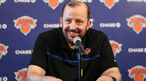 Head coach of the New York Knicks Tom Thibodeau speaks at a press conference during media day at Knicks Training Facility on September 30, 2024.