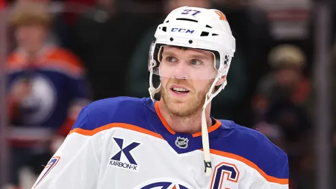 Connor McDavid #97 of the Edmonton Oilers warms up prior to the game against the Chicago Blackhawks at the United Center on January 11, 2025 in Chicago, Illinois.