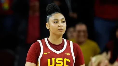 JuJu Watkins #12 of the USC Trojans reacts against the UCLA Bruins in the second half at Galen Center on February 13, 2025 in Los Angeles, California.