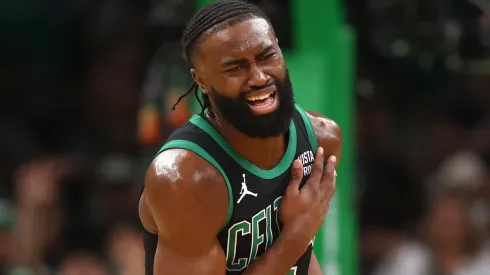 Jaylen Brown #7 of the Boston Celtics reacts after sustaining an apparent injury during the second quarter in Game Two of the Eastern Conference Finals against the Indiana Pacers at TD Garden on May 23, 2024 in Boston, Massachusetts.