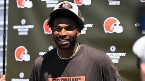 Shedeur Sanders #12 of the Cleveland Browns answers questions from the media during a press conference prior to rookie minicamp at CrossCountry Mortgage Campus on May 10, 2025 in Berea, Ohio.