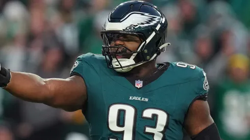 Milton Williams #93 of the Philadelphia Eagles reacts against the Green Bay Packers during the NFC Wild Card Playoff at Lincoln Financial Field on January 12, 2025 in Philadelphia, Pennsylvania.