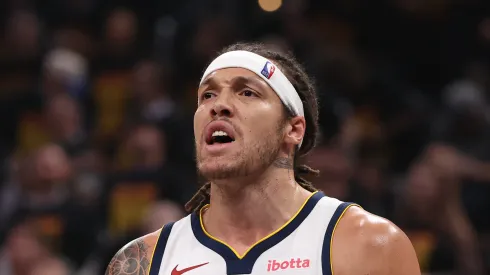 Aaron Gordon #32 of the Denver Nuggets reacts during the first half of Round Two Game One of the 2025 NBA Playoffs against the Oklahoma City Thunder