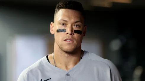 Aaron Judge #99 of the New York Yankees looks on after striking out against the Seattle Mariners during the third inning at T-Mobile Park on May 14, 2025 in Seattle, Washington.