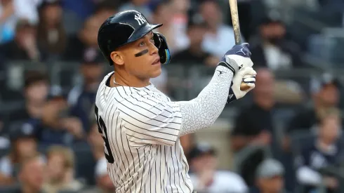 Aaron Judge #99 of the New York Yankees bats against the New York Mets during their game at Yankee Stadium on May 18, 2025 in New York City.