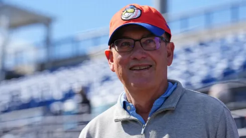 New York Mets owner Steve Cohen looks on during spring training workouts at Clover Park on February 17, 2025 in Port St. Lucie, Florida.
