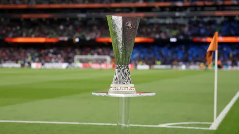 A detailed view of The UEFA Europa League Trophy prior to the UEFA Europa League 2023/24 final match between Atalanta BC and Bayer 04 Leverkusen at Dublin Arena on May 22, 2024.