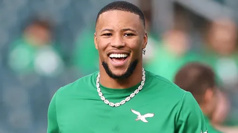 Saquon Barkley #26 of the Philadelphia Eagles smiles during warmups before a game against the Dallas Cowboys at Lincoln Financial Field on December 29, 2024 in Philadelphia, Pennsylvania.