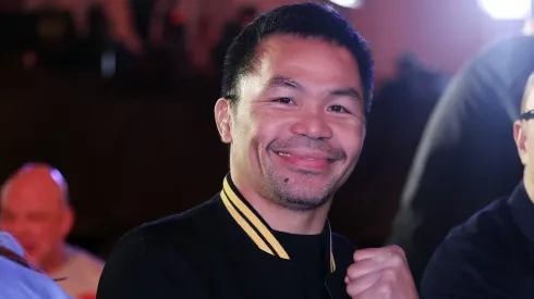 Manny Pacquiao poses for a photo prior to the 'Knockout Chaos' weigh-in at Greece in Boulevard World on March 07, 2024 in Riyadh, Saudi Arabia.