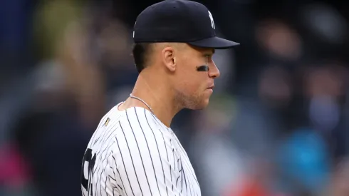 Aaron Judge #99 of the New York Yankees points to teammate after defeating the Texas Rangers 1-0 in the game at Yankee Stadium on May 22, 2025 in New York City.