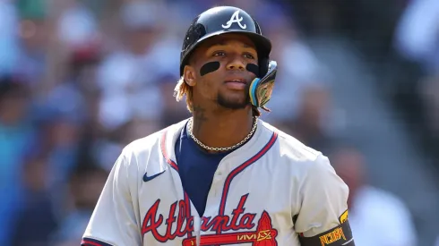 Ronald Acuña Jr. #13 of the Atlanta Braves reacts against the Chicago Cubs at Wrigley Field on May 23, 2024.