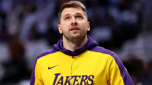 Luka Doncic #77 of the Los Angeles Lakers warms up before the game against the Dallas Mavericks at American Airlines Center.
