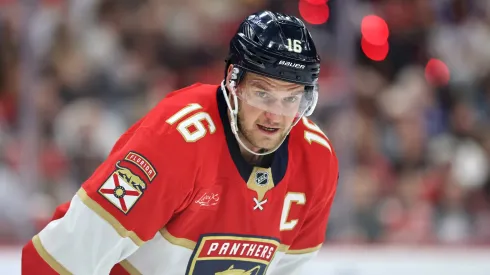 Aleksander Barkov #16 of the Florida Panthers looks on during the first period against the Tampa Bay Lightning in Game Four of the First Round of the 2025 Stanley Cup Playoffs.
