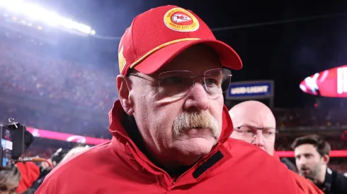 Head coach Andy Reid of the Kansas City Chiefs looks on after defeating the Buffalo Bills 32-29 in the AFC Championship Game at GEHA Field at Arrowhead Stadium on January 26, 2025 in Kansas City, Missouri.