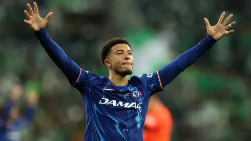 Jadon Sancho of Chelsea celebrates his team's victory at full time following the UEFA Conference League Final 2025.