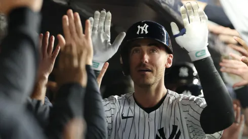 Cody Bellinger #35 of the New York Yankees celebrates after hitting hits a grand slam home run against Génesis Cabrera #92 of the New York Mets in the eighth inning during their game at Yankee Stadium on May 18, 2025 in New York City.