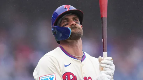 Bryce Harper #3 of the Philadelphia Phillies looks on after flying out to end the first inning against the St. Louis Cardinals during game one of a doubleheader at Citizens Bank Park on May 14, 2025 in Philadelphia, Pennsylvania.