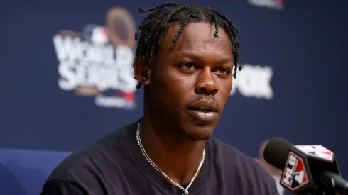 Jazz Chisholm Jr. #13 of the New York Yankees speaks to the media during a press conference ahead of Game Two of the 2024 World Series between the Los Angeles Dodgers and the New York Yankees at Dodger Stadium on October 26, 2024 in Los Angeles, California.