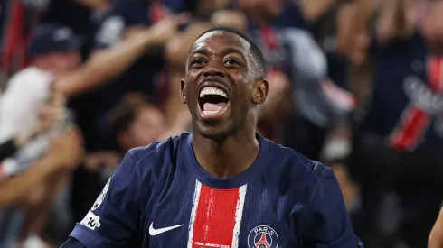 Ousmane Dembele of Paris Saint-Germain celebrates after Desire Doue of Paris Saint-Germain scores his team's third goal during the UEFA Champions League Final 2025 between Paris Saint-Germain and FC Internazionale Milano