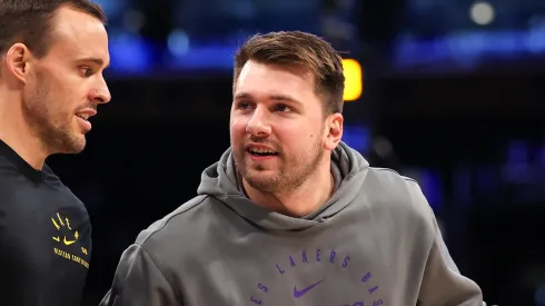 Luka Doncic #77 of the Los Angeles Lakers warms up before the game against the Phoenix Suns