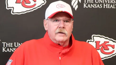 Head Coach Andy Reid of the Kansas City Chiefs speaks to the media during the press conference interviews after the Kansas City Chiefs OTAs at The University of Kansas Health System Training Complex on May 29, 2025 in Kansas City, Missouri.