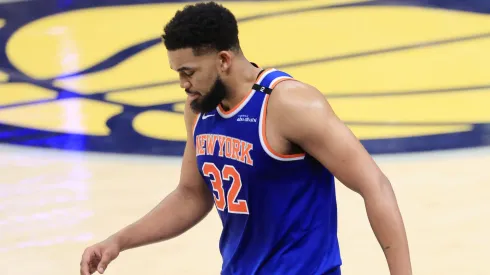 Karl-Anthony Towns #32 of the New York Knicks reacts during the second quarter against the Indiana Pacers in Game Six of the Eastern Conference Finals of the 2025 NBA Playoffs at Gainbridge Fieldhouse on May 31, 2025 in Indianapolis, Indiana.