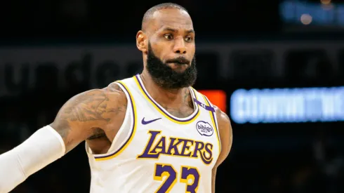 LeBron James #23 of the Los Angeles Lakers brings the ball up court during the third quarter against the Oklahoma City Thunder at Paycom Center on April 6, 2025 in Oklahoma City, Oklahoma.