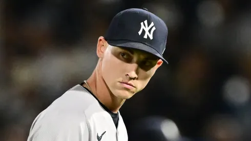 Luke Weaver #30 of the New York Yankees looks on in the ninth inning against the Tampa Bay Rays at George M. Steinbrenner Field on April 18, 2025 in Tampa, Florida.