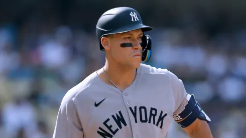 Aaron Judge #99 of the New York Yankees at bat during an 18-2 loss to the Los Angeles Dodgers at Dodger Stadium on May 31, 2025 in Los Angeles, California.