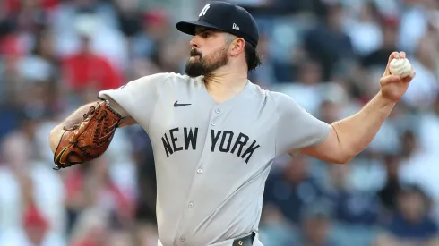 Carlos Rodón #55 of the New York Yankees pitches during the first inning of a game against the Los Angeles Angels at Angel Stadium of Anaheim on May 27, 2025 in Anaheim, California.