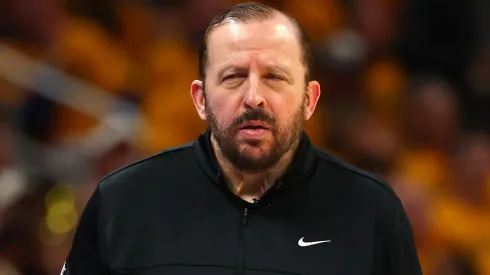 Head coach Tom Thibodeau of the New York Knicks reacts against the Indiana Pacers during the fourth quarter in Game Three of the Eastern Conference Finals of the 2025 NBA Playoffs at Gainbridge Fieldhouse on May 25, 2025 in Indianapolis, Indiana.