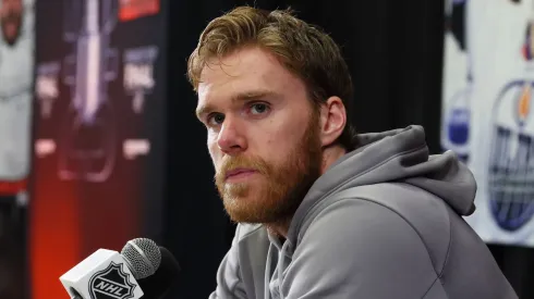 Connor McDavid #97 of the Edmonton Oilers speaks with the media prior to the start of the 2025 NHL Stanley Cup Final against the Edmonton Oilers at Rogers Place on June 03, 2025 in Edmonton, Alberta.