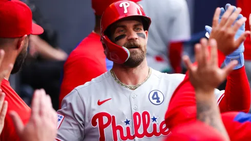 Bryce Harper #3 of the Philadelphia Phillies celebrates his solo home run in the first inning against the Toronto Blue Jays at Rogers Centre on June 3, 2025 in Toronto, Ontario, Canada.