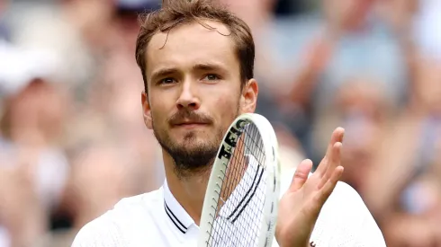 Daniil Medvedev celebrates winning match point against Arthur Fery of Great Britain in the Men's Singles first round match during day three of The Championships Wimbledon 2023.