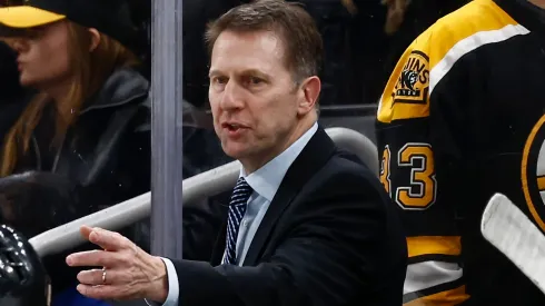 Boston Bruins interim head coach Joe Sacco sends out Brad Marchand #63 and David Pastrnak #88 during the final minute of the third period of their 1-0 win over the Utah Hockey Club at TD Garden on November 21, 2024 in Boston, Massachusetts.