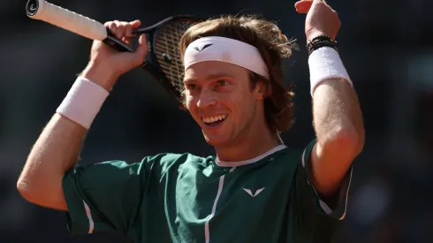 Andrey Rublev reacts against Taylor Fritz of USA during the Men's Singles semi-final match on Day Eleven of Mutua Madrid Open at La Caja Magica on May 03, 2024.