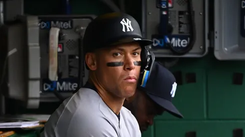 Aaron Judge #99 of the New York Yankees looks on from the dugout during the game against the Pittsburgh Pirates at PNC Park on April 6, 2025 in Pittsburgh, Pennsylvania.